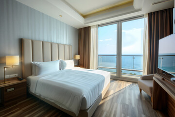 Fototapeta premium Luxury minimalist hotel room with large bed and sea view