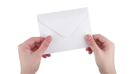 Hands hold an envelope on  transparent background. Close-up of a hand holding a paper envelope. 