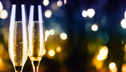 two glasses of champagne of the year, New Year Toast Champagne, twinkling lights background