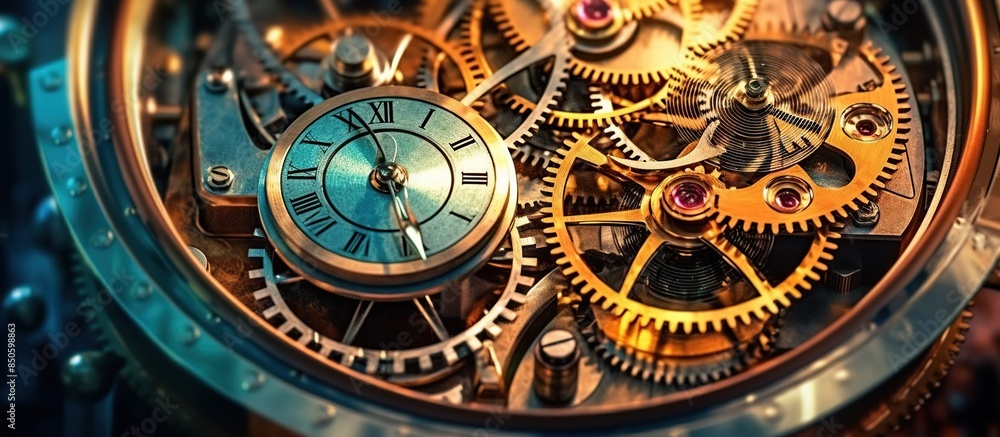 Poster gears and cogs in clockwork watch mechanism.