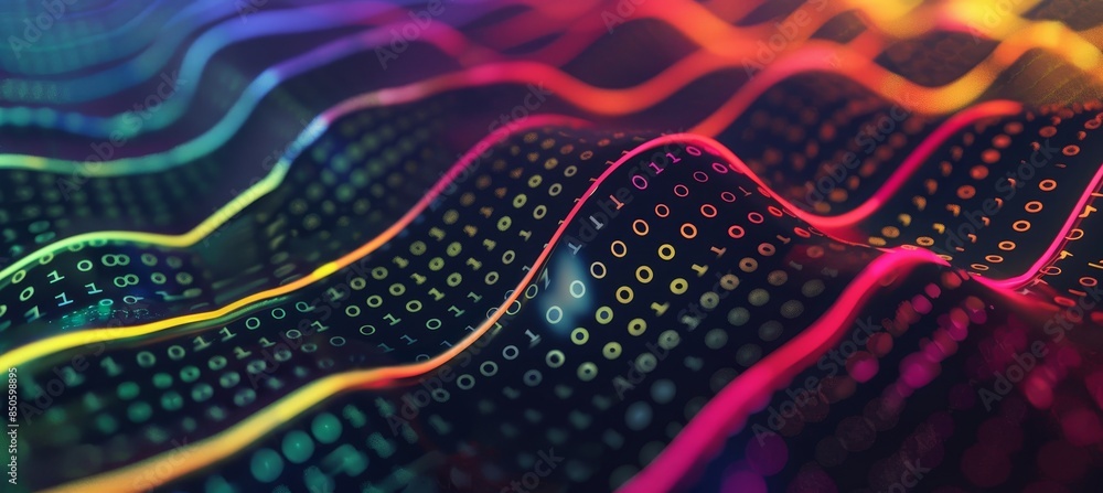 Poster vibrant neon binary code grid amidst abstract swirling shapes for digital enthusiasts