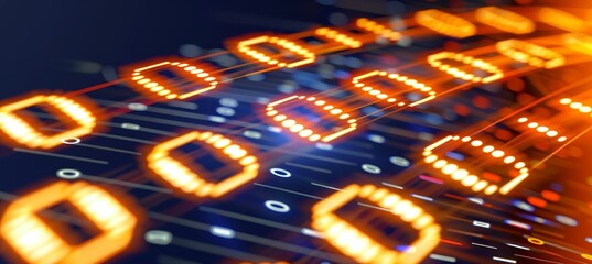 Neon binary code grid set amid swirling abstract shapes for a vibrant digital display