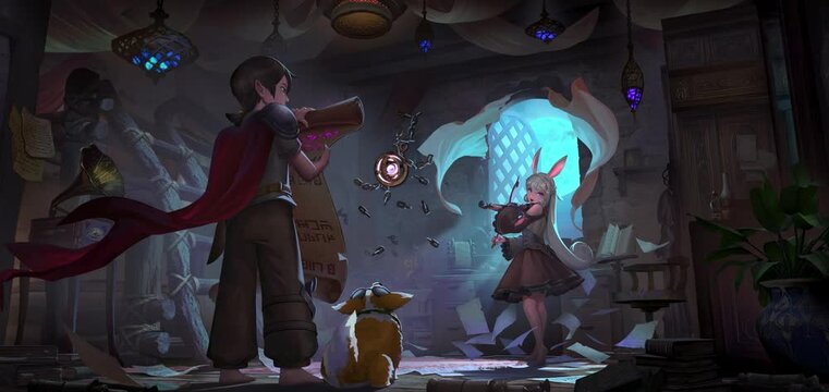 The medieval fantasy characters discovered the constellation map inside the magic artifact under beautiful full moon night.