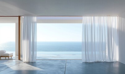 Fototapeta premium White curtains gently flowing with an ocean view in a luxury modern home. Ideal for real estate, interior design, and travel promotions