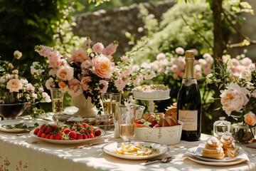 Fototapeta premium wedding table setting with champagne and roses