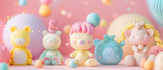 Fototapeta premium 3D clay, Adorable clay pet dolls ,muted pastels, Blender 3d, Easter bunny with colorful eggs and cute , kawaii pets model, dolls decorations