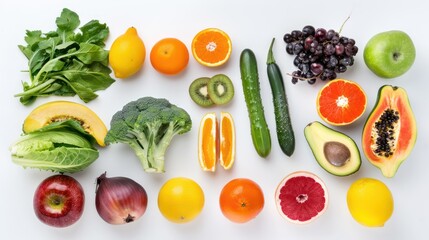 Minimalist composition of fresh fruits and vegetables arranged on a clean white background, symbolizing a healthy diet.