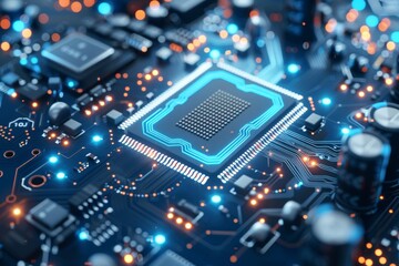 Detailed close up of computer chip with circuits emitting a soft glow in hyper realistic rendering