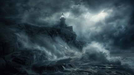 A lighthouse is on a rocky cliff overlooking the ocean. The sky is dark and stormy, with waves crashing against the rocks. The lighthouse is lit up, providing a sense of hope