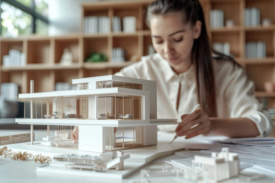 A young female architect reviewing a detailed scale model of a modern house in an office environment