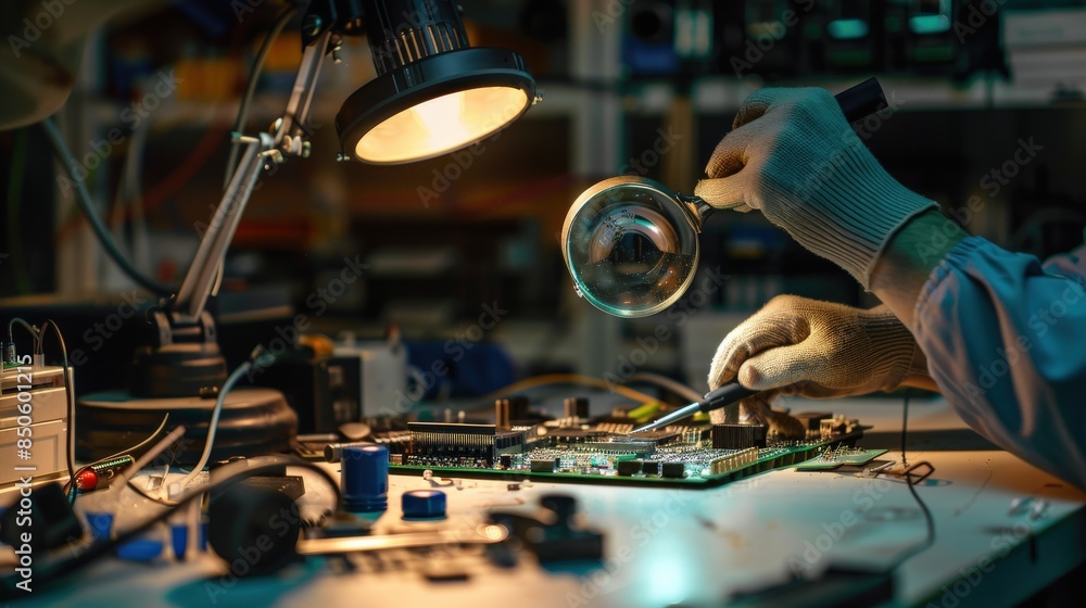 Poster a man is working on a computer chip. he is wearing gloves and a lab coat. concept of precision and f