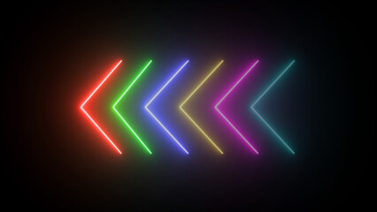 Multi-colored neon single-line directional left arrow. signal icon. Moving arrow pointing to the left. Left-direction arrow on black background