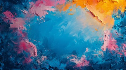 A painting of a blue sky with pink and orange splatters