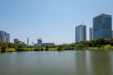 Obraz premium Lake and Building and Trees in a beautiful Japanese garden