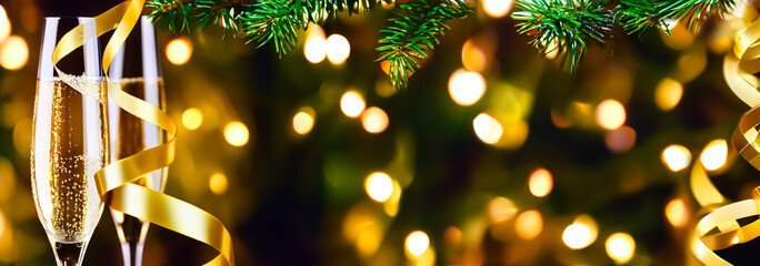 Christmas and New Year holidays, winter festive season, golden christmas lights and ribbon