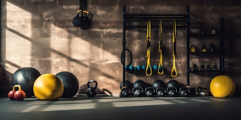 Functional fitness area with ropes medicine balls and sandbags for strength training. Concept Strength Training, Functional Fitness, Ropes Exercises, Medicine Balls, Sandbag Workouts