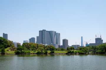 Fototapeta premium Lake and Building and Trees in a beautiful Japanese garden