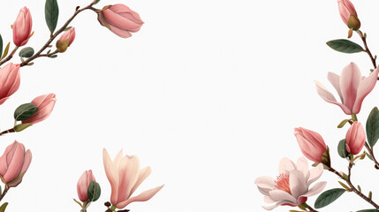 Elegant Magnolia Floral Watercolor Frame with Blank Space for Text on White Background
