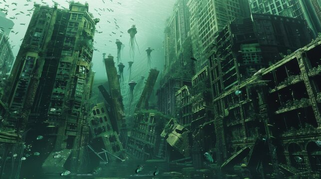 A submerged cityscape, shrouded in algae, with fish swimming through the ruined buildings.