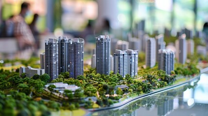 Obraz premium Miniature Cityscape Model With Detailed Skyscrapers and Lush Green Foliage