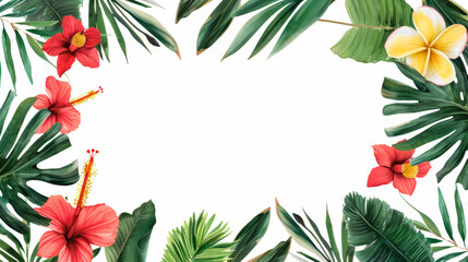 Tropical Floral Watercolor Frame with Space for Text on White Background