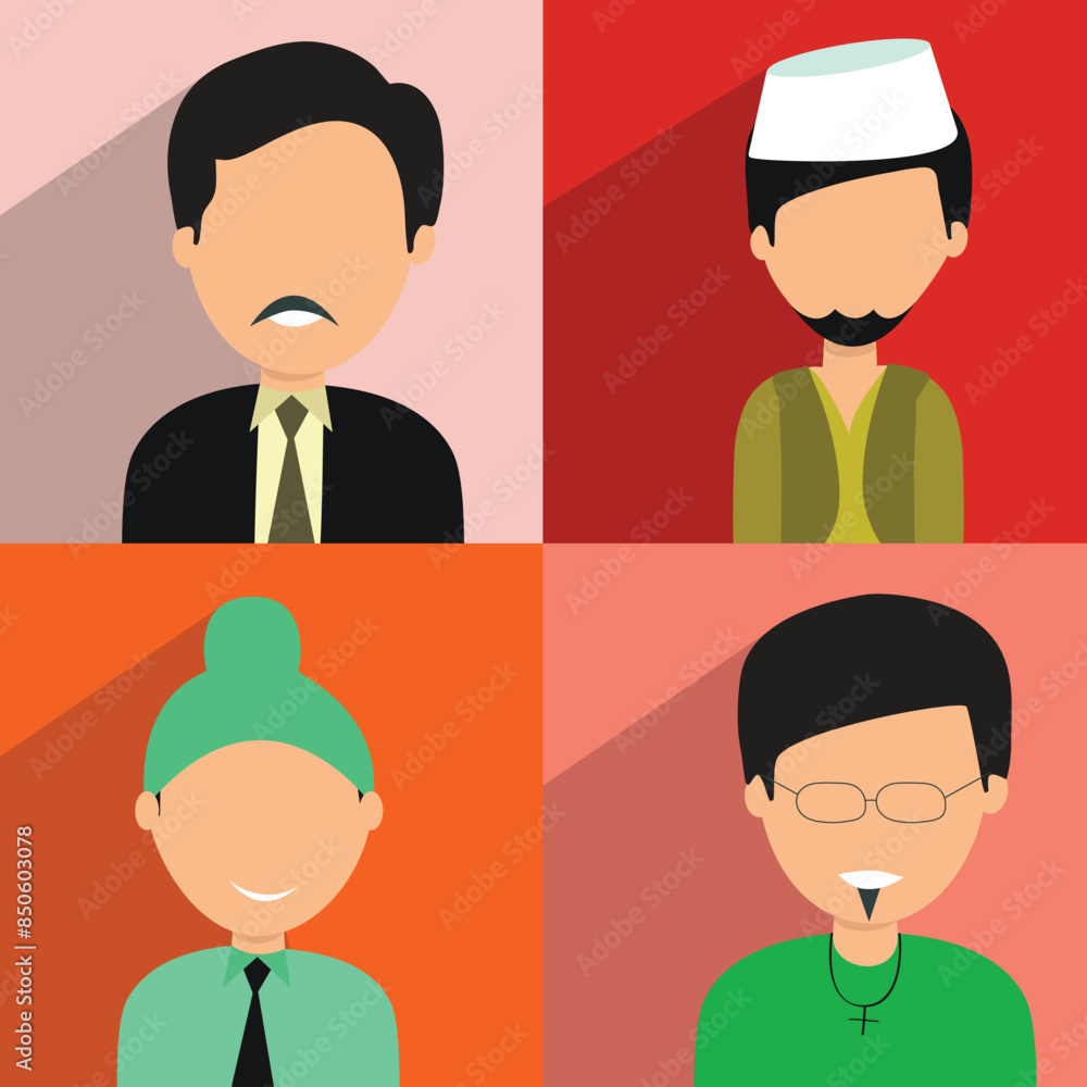 Poster Set of four religion character Hindu Muslim, Sikh and Christian Cartoon Man Vector Illustration.