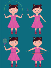 Character of little girl playing different game on Teal Backgorund.