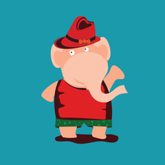 Cute Cartoon Elephant Wearing Hat and Summer Outfit Vector Illustration.