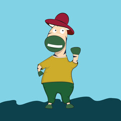 Cartoon zebra wearing t-shirt and pant on grass background.