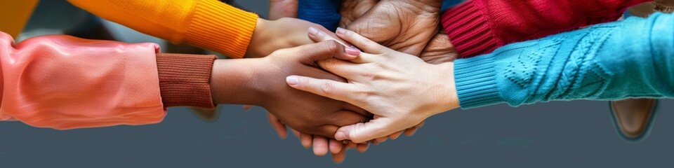Fototapeta premium People of all colors holding hands, inclusive business mentality valuing dignity and respect for all, unity, cooperation, multiracial, HD wallpaper, background, generated by AI. Diverse Hands Holding 