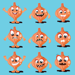 Cartoon onion in different modes facial expression set.