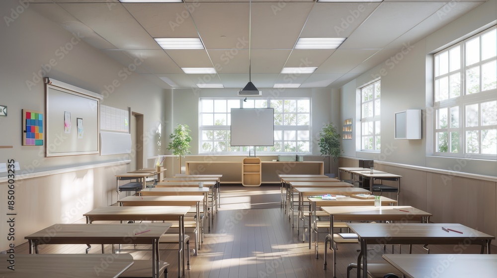 Aufkleber empty classroom with sunlight streaming through windows - a classroom with rows of empty desks and c