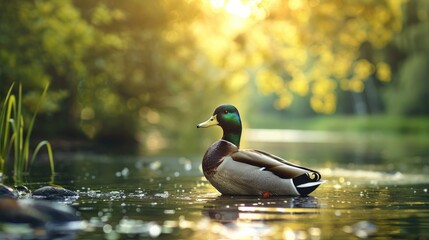 Obraz premium Wild duck on the pond in the landscape