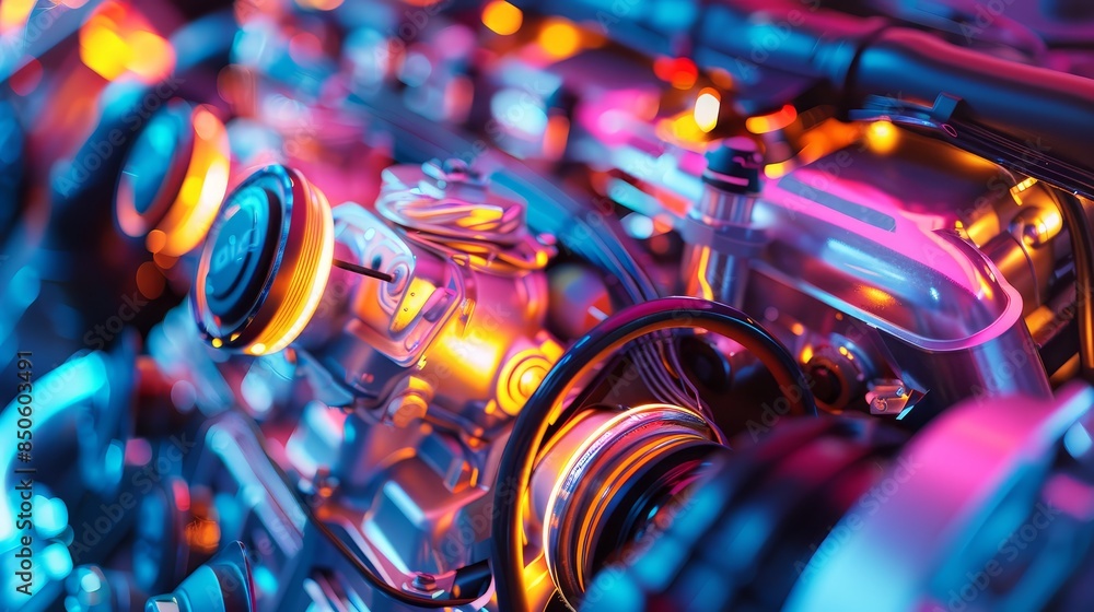 Poster engine close-up with neon glow - a close-up view of a sleek engine with neon lights, highlighting in