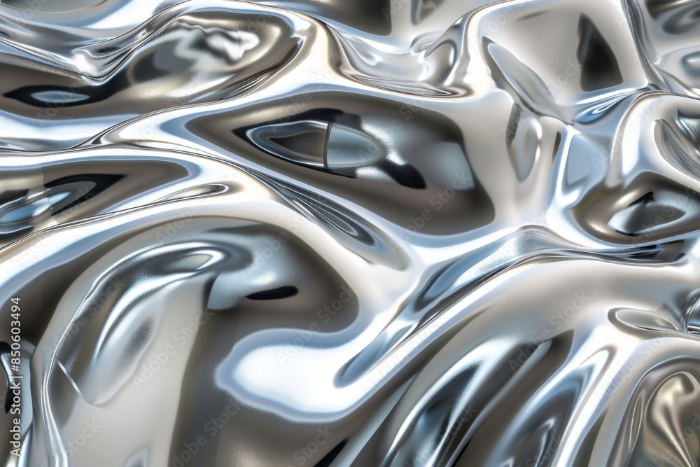 Poster a 3d render of a silver shiny metallic fluid glossy chrome mirror background texture