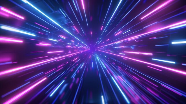 3D illustration of abstract flight in retro neon hyper warp space in the tunnel