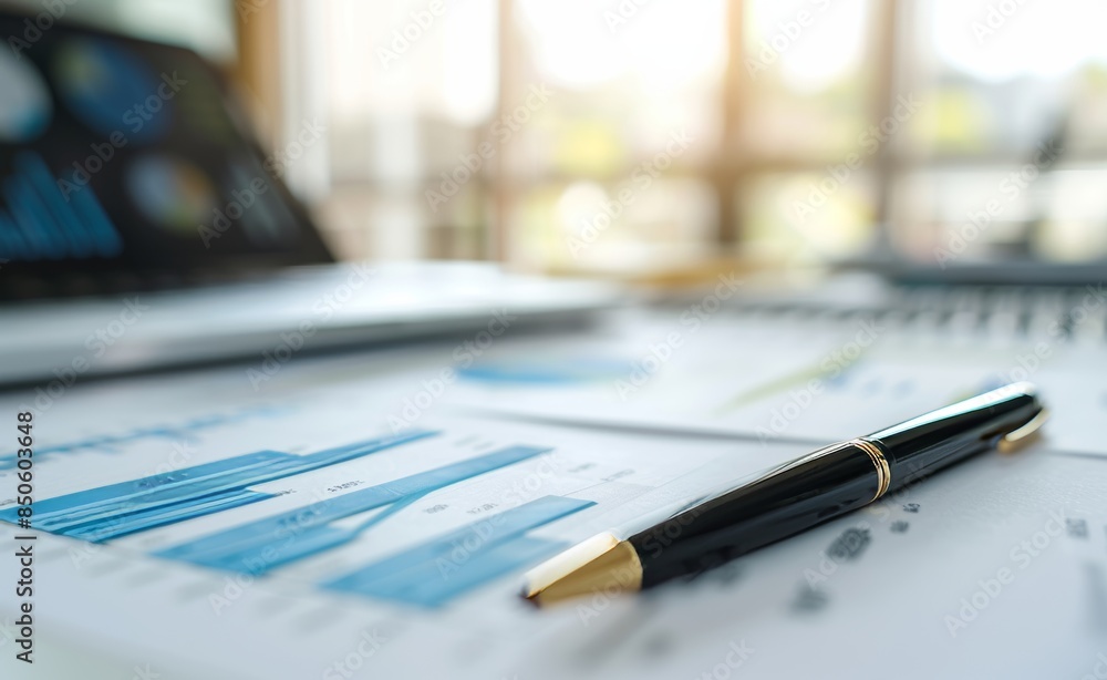Aufkleber the workspace of a businessman calculates data documents graph charts reports marketing research dev
