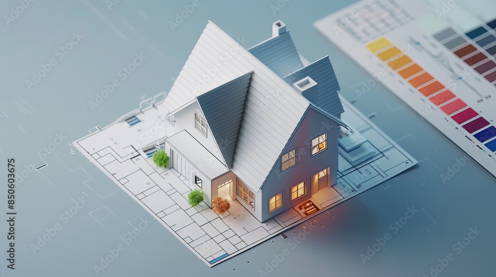 Poster the design of an architecture house model and the construction of a building. a computer model and c