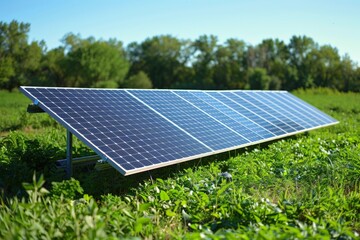 Solar Panel Array in a Field of Green Grass with a Clear Blue Sky in the Background
