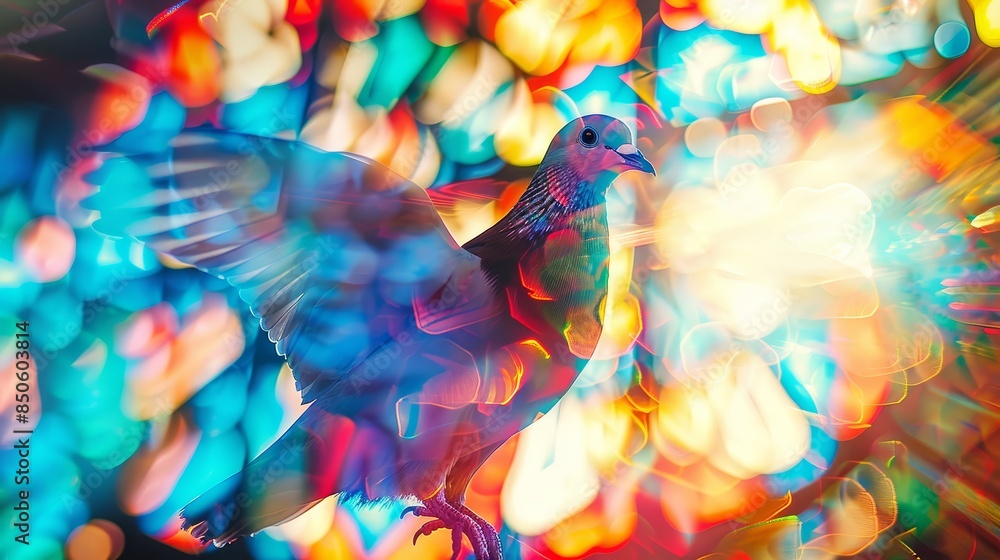 Poster dove in a kaleidoscope of light - a dove with outstretched wings is captured against a backdrop of v