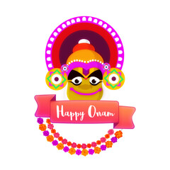 Creative Illustration of Kathakali Dancer Face on Png Background for Happy Onam Celebration.