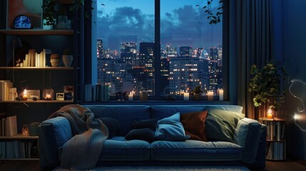 A dark room with a couch, a coffee table, and a potted plant