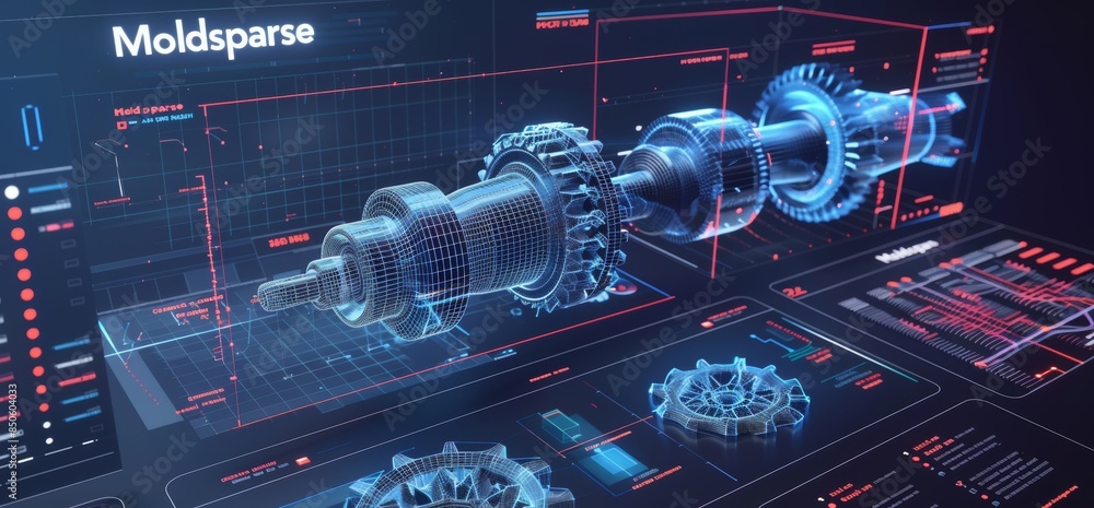 Poster designer of 3d cad software program for industrial engines mechanical models, digital manufacturing 