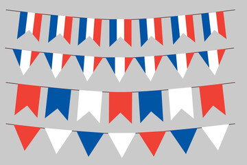 Fototapeta premium French flag bunting Eiffel background for Bastille Day. French: drapeau Français. Tricolour blue white red backdrop design vector illustration