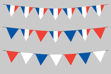 Fototapeta premium French flag bunting set Eiffel background for Bastille Day. French: drapeau Français. Tricolour blue white red backdrop design vector illustration