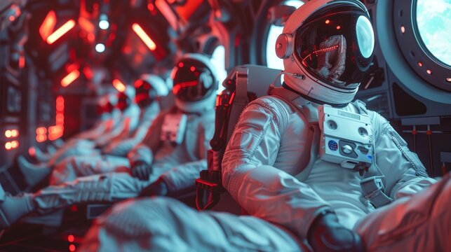 Astronauts in a Spaceship Cabin - A group of astronauts are seated in a spaceship cabin, illuminated by red and blue lights. One astronaut is in focus, wearing a white spacesuit and helmet.