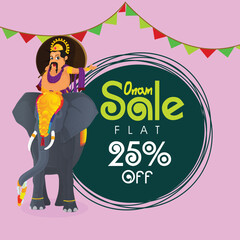 Onam festival sale poster design with illustration of King Mahabali riding on an elephant.