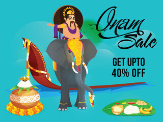 Naklejka premium Onam Sale poster design with illustration of King Mahabali riding on an elephant, showing culture and tradition of Kerala on blue background.