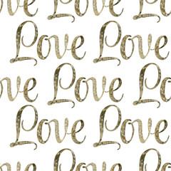 Seamless pattern of Watercolor hand drawn lettering illustration on white background. Love. Print on t-shirts, bags, cards, banner, poster, card, design, artistic. Handwritten message, Congratulation
