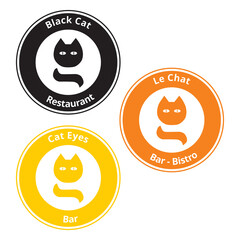 Pegatina con la silueta de un gato para restaurante, bar, bistro sobre un fondo blanco aislado. Vista de frente y de cerca. Copy space